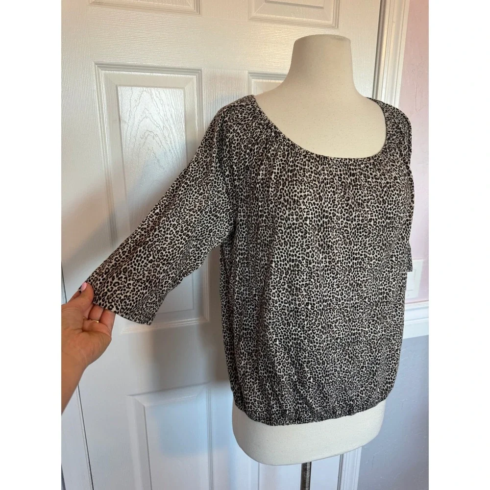 Michael Kors Womens Leopard Print Scoop Neck Bubble Hem 3/4‎ Sleeve Blouse Tan